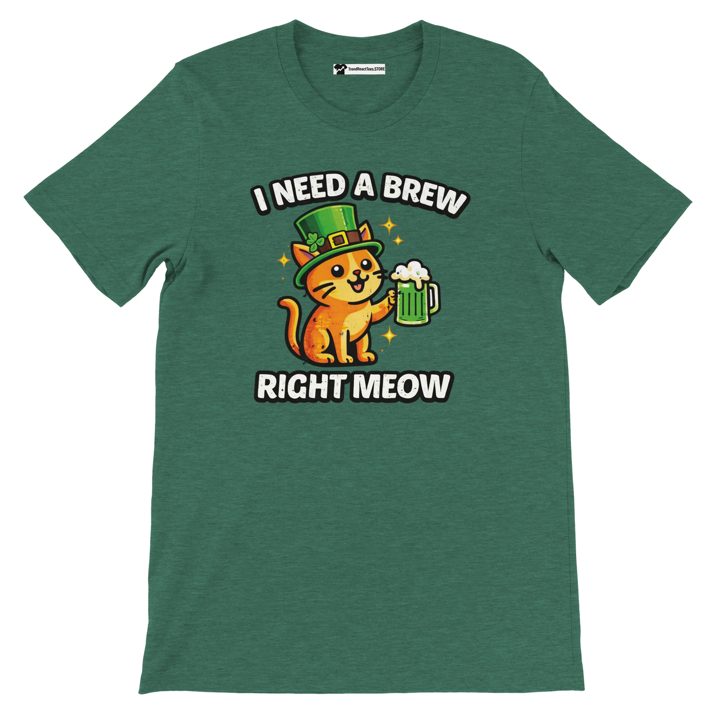 Green t-shirt with cute orange cat in leprechaun hat holding beer, St. Patrick’s Day tee