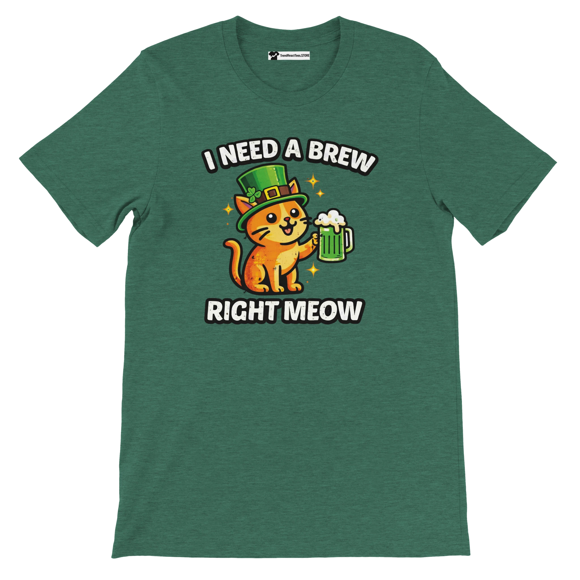Green t-shirt with cute orange cat in leprechaun hat holding beer, St. Patrick’s Day tee