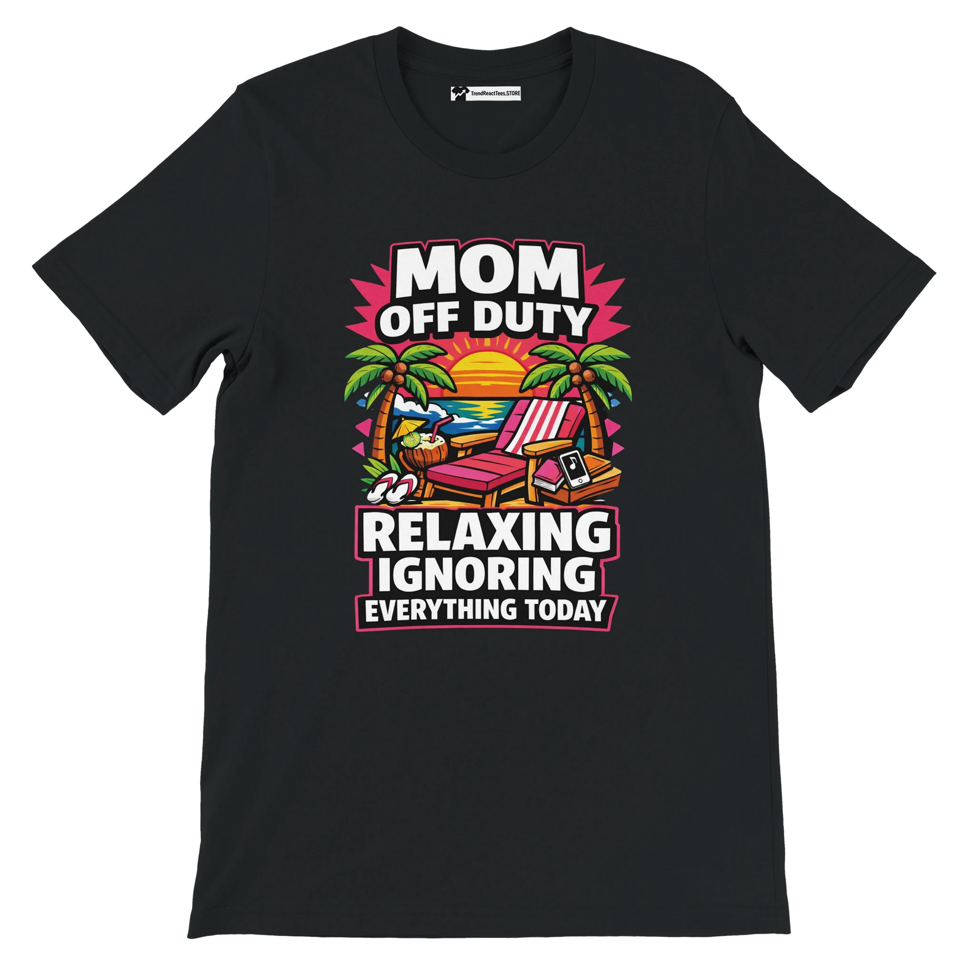 Black t-shirt with beach scene and 'Mom Off Duty Relaxing Ignoring Everything Today' quote
