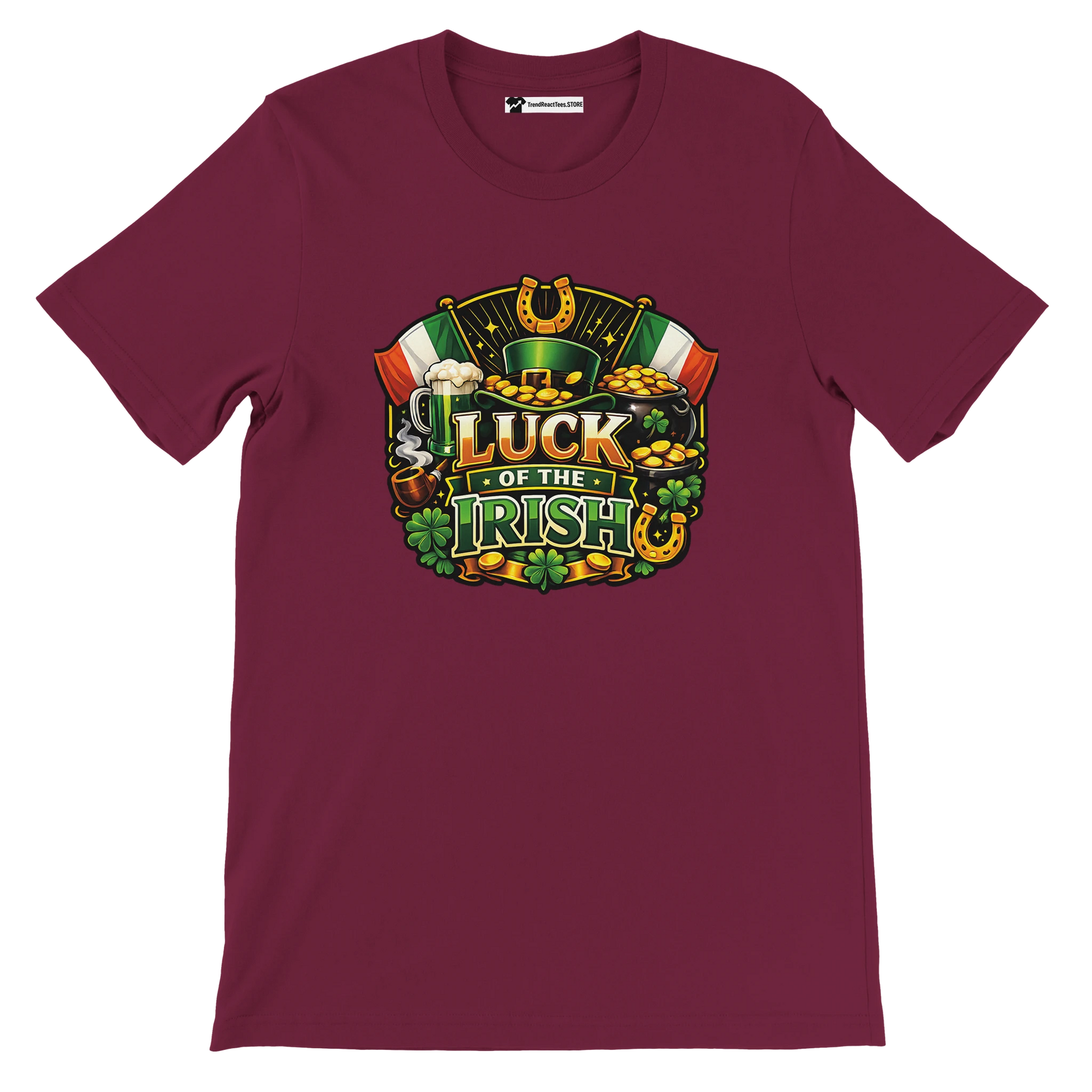 Maroon t-shirt with 'Luck of the Irish' graphic, shamrocks, leprechaun hat, and gold coins.