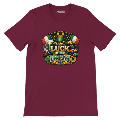 Maroon t-shirt with 'Luck of the Irish' graphic, shamrocks, leprechaun hat, and gold coins.