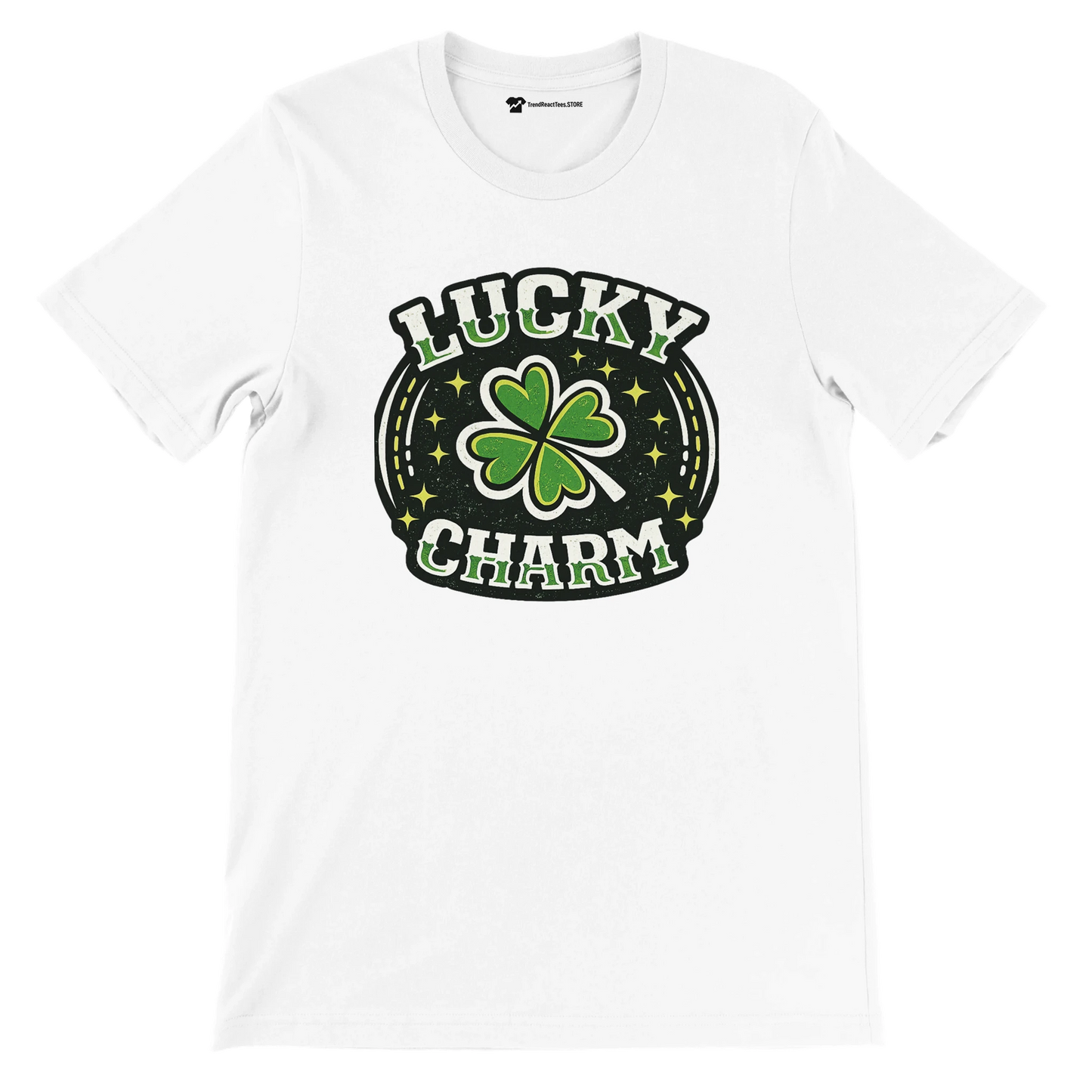 White t-shirt with green shamrock, 'Lucky Charm' St. Patrick's Day graphic