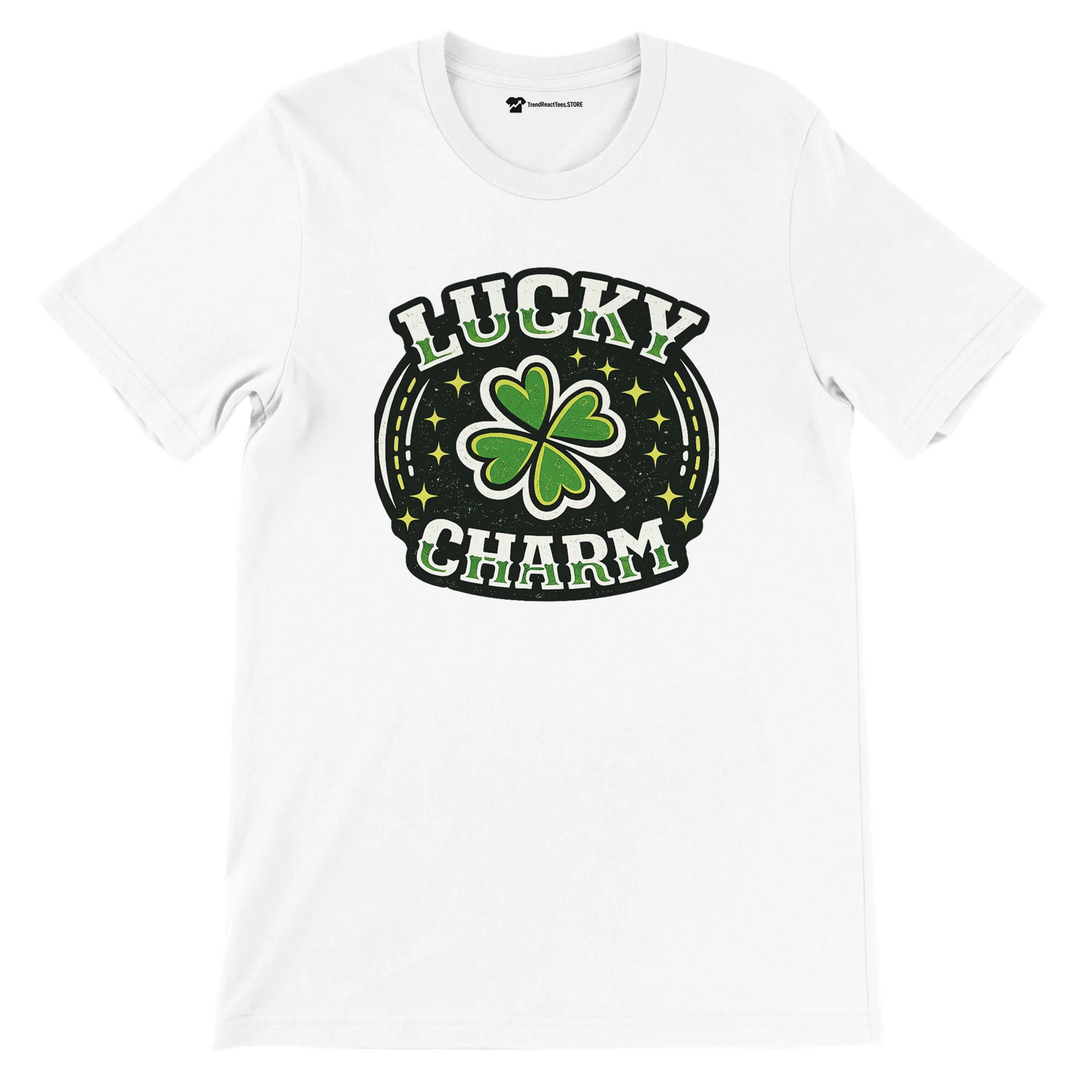 White t-shirt with green shamrock, 'Lucky Charm' St. Patrick's Day graphic