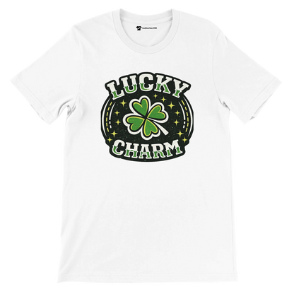 White t-shirt with green shamrock, 'Lucky Charm' St. Patrick's Day graphic