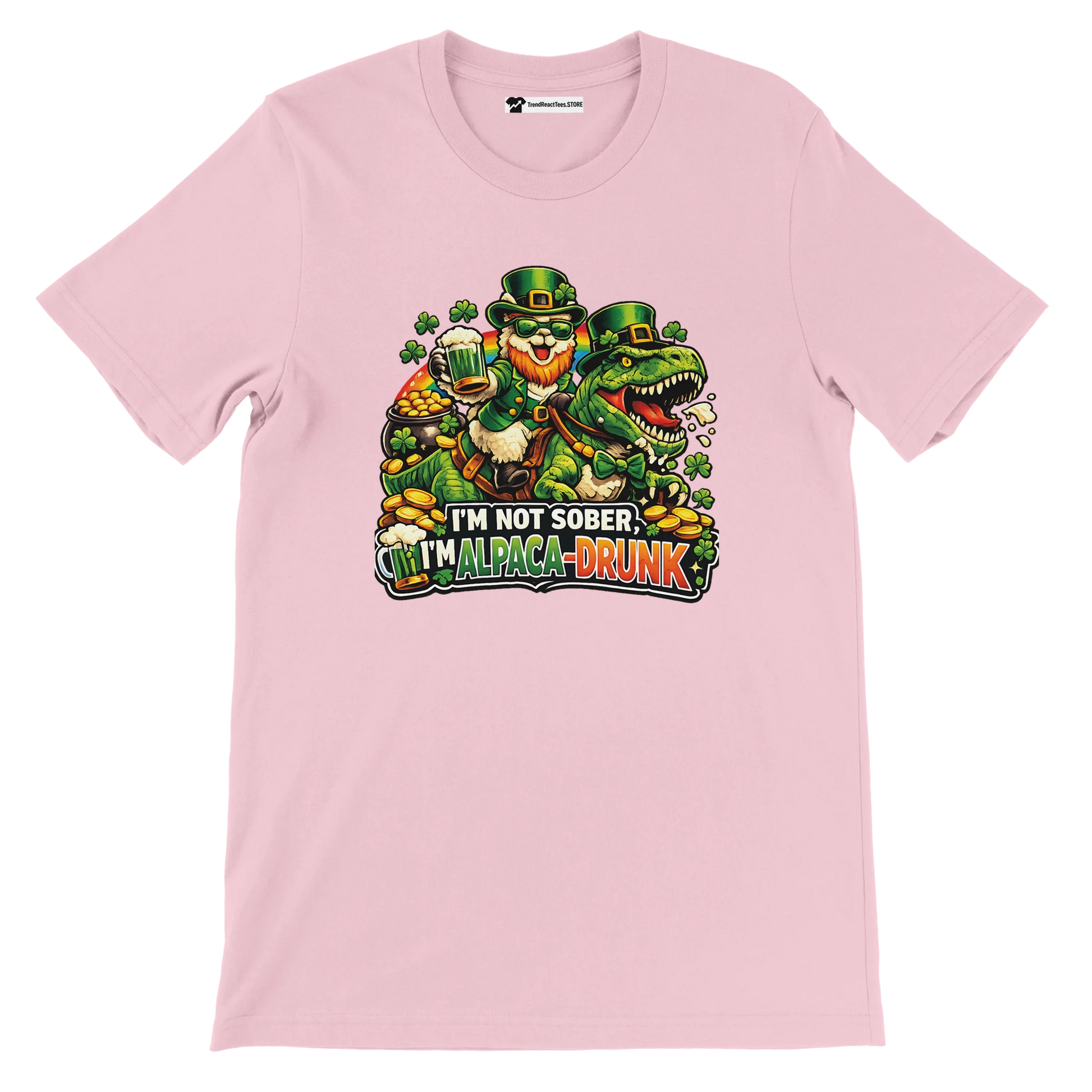 Pink St. Patrick's Day tee with leprechaun riding dinosaur, shamrocks, gold coins, and 'I'm Alpaca-Drunk' text