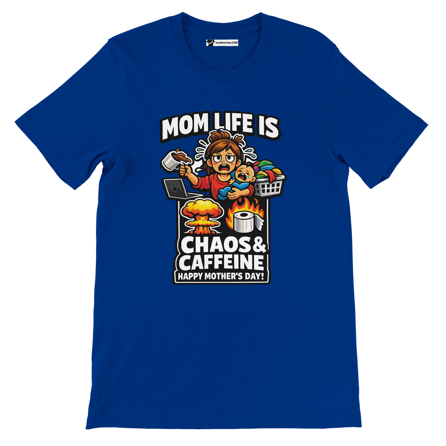 Blue anime-style Mother's Day t-shirt with 'Mom Life is Chaos & Caffeine' graphic and cartoon mom.
