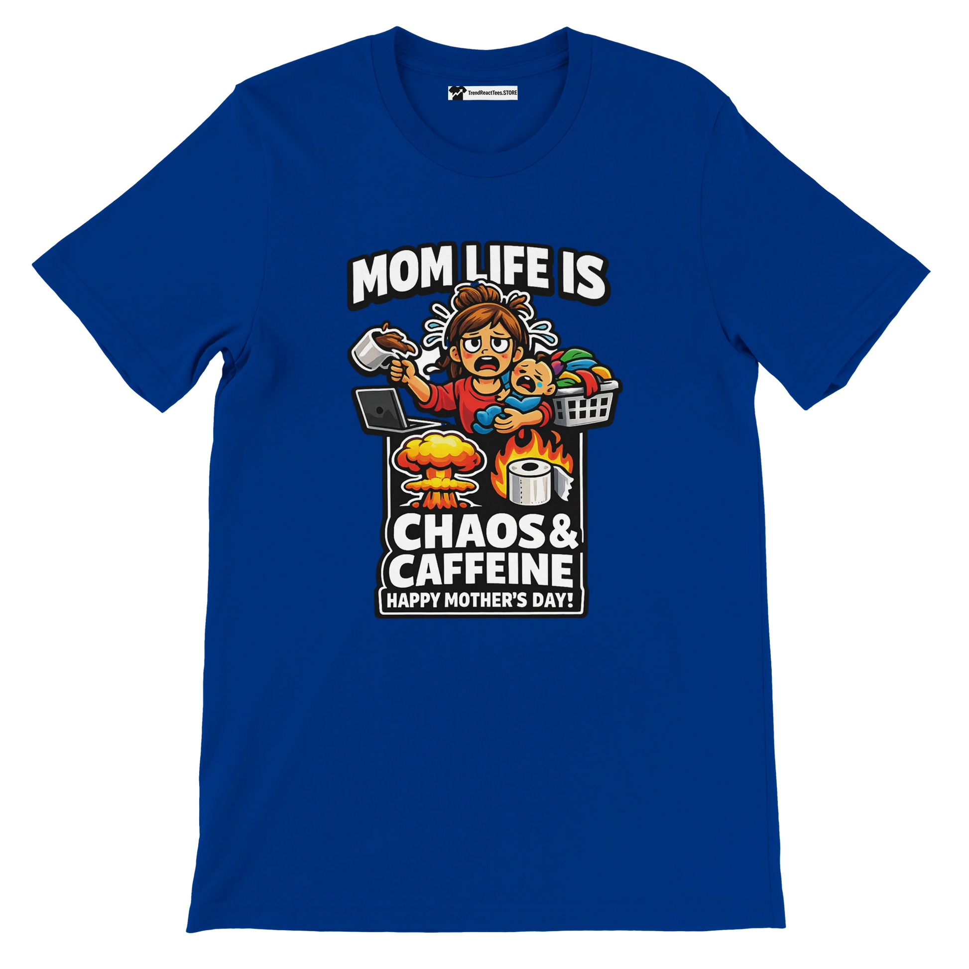 Blue anime-style Mother's Day t-shirt with 'Mom Life is Chaos & Caffeine' graphic and cartoon mom.