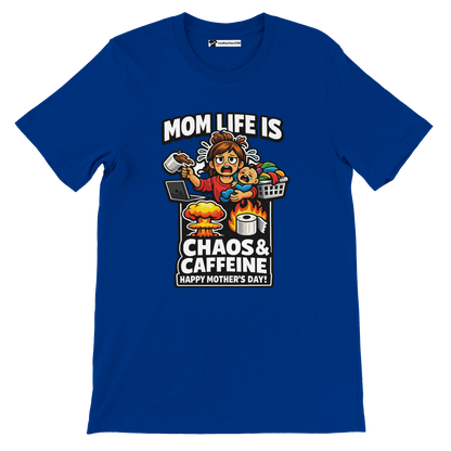 Blue anime-style Mother's Day t-shirt with 'Mom Life is Chaos & Caffeine' graphic and cartoon mom.
