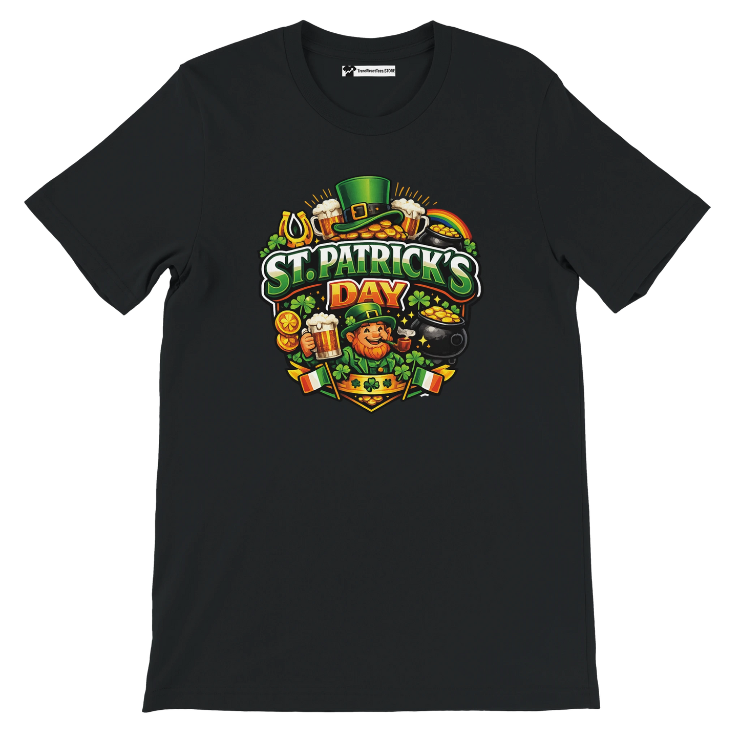 Black St. Patrick's Day tee with leprechaun, beer, shamrocks, and gold coins graphic for festive holiday wear