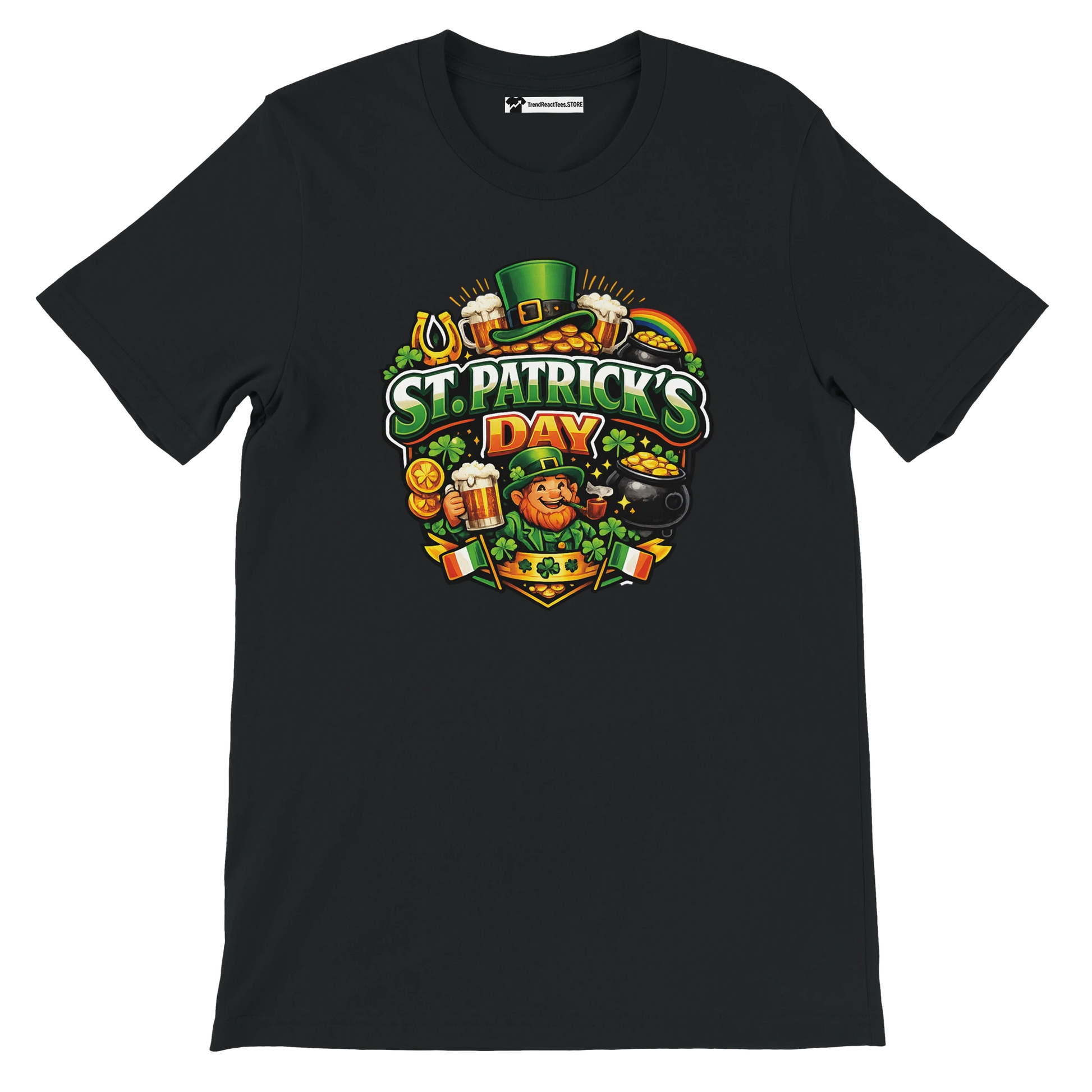 Black St. Patrick's Day tee with leprechaun, beer, shamrocks, and gold coins graphic for festive holiday wear