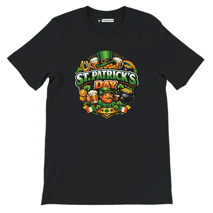 Black St. Patrick's Day tee with leprechaun, beer, shamrocks, and gold coins graphic for festive holiday wear