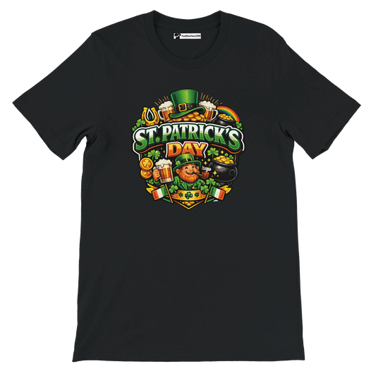 Black St. Patrick's Day tee with leprechaun, beer, shamrocks, and gold coins graphic for festive holiday wear