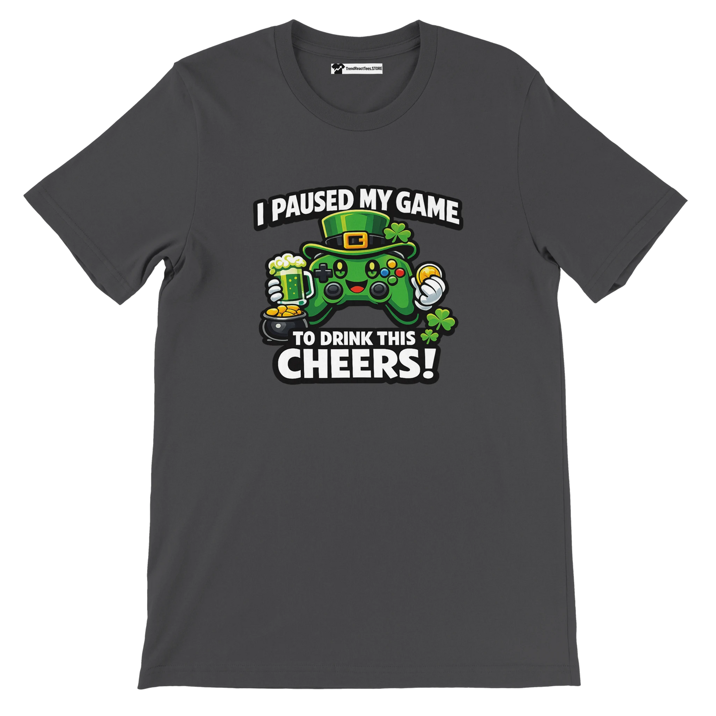 St. Patrick's Day gamer t-shirt with green controller, shamrocks, and festive quote print.