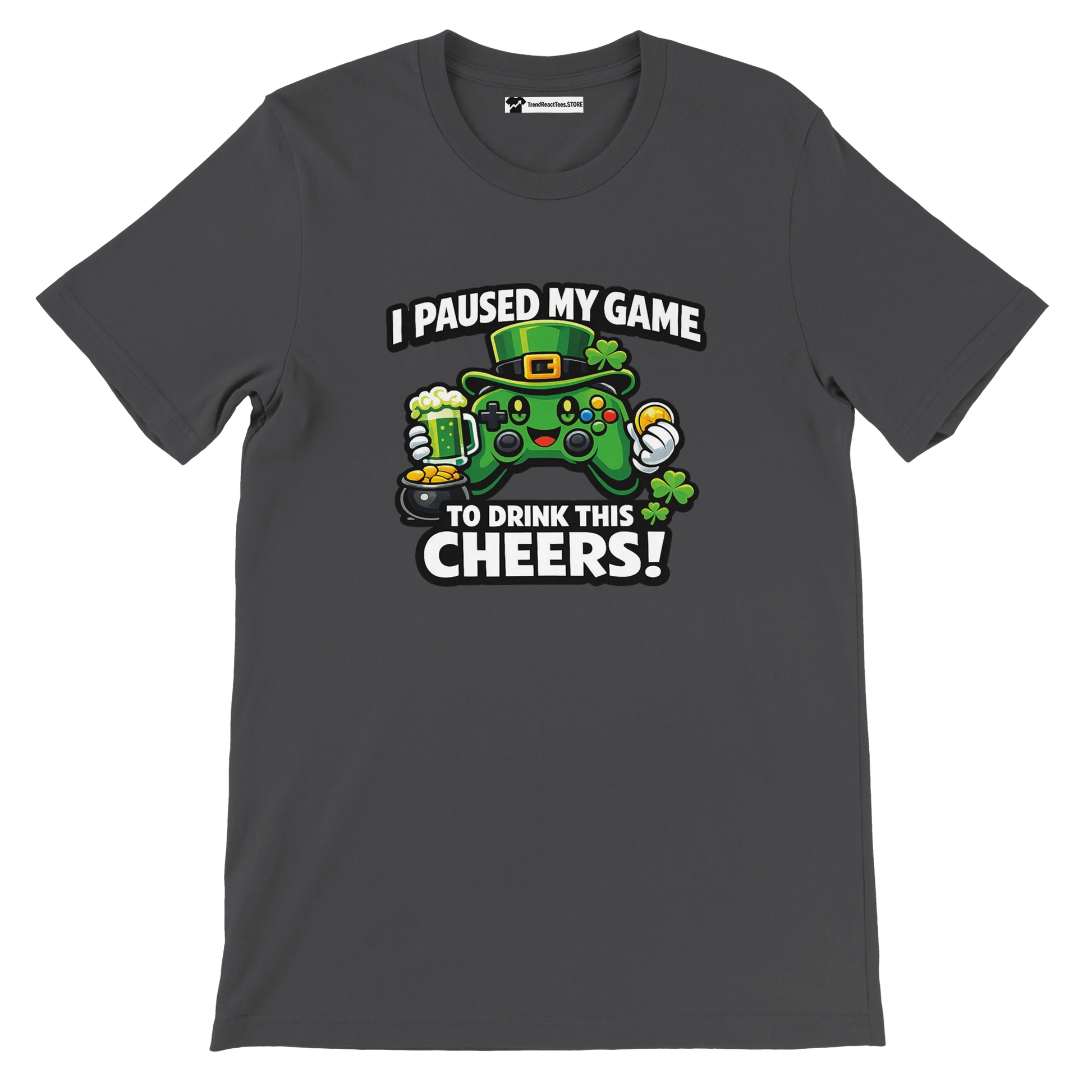 St. Patrick's Day gamer t-shirt with green controller, shamrocks, and festive quote print.