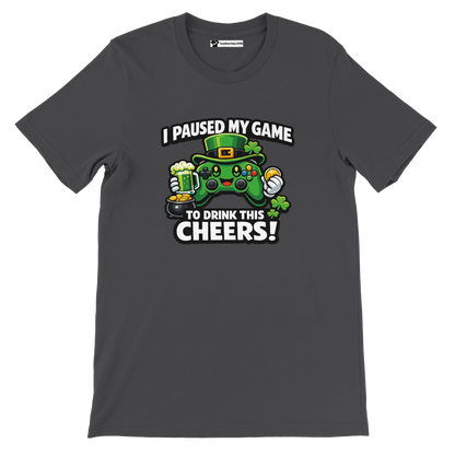 St. Patrick's Day gamer t-shirt with green controller, shamrocks, and festive quote print.