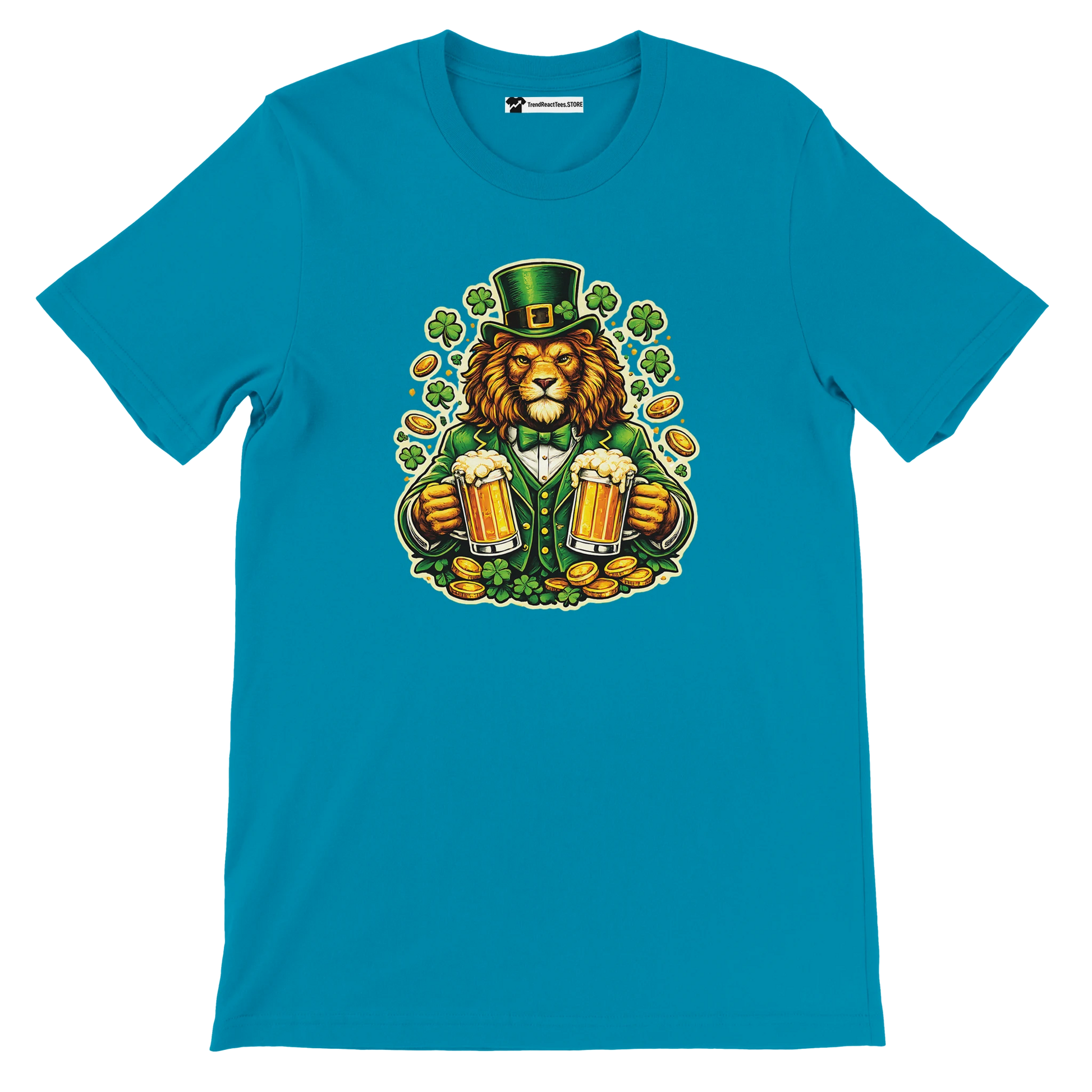 Lion in green leprechaun hat holding beer mugs, shamrocks, gold coins - St. Patrick's Day tee