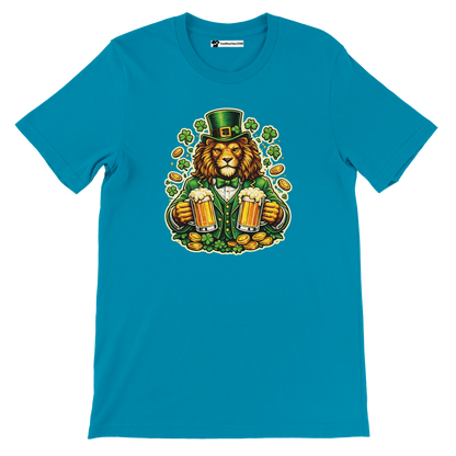 Lion in green leprechaun hat holding beer mugs, shamrocks, gold coins - St. Patrick's Day tee