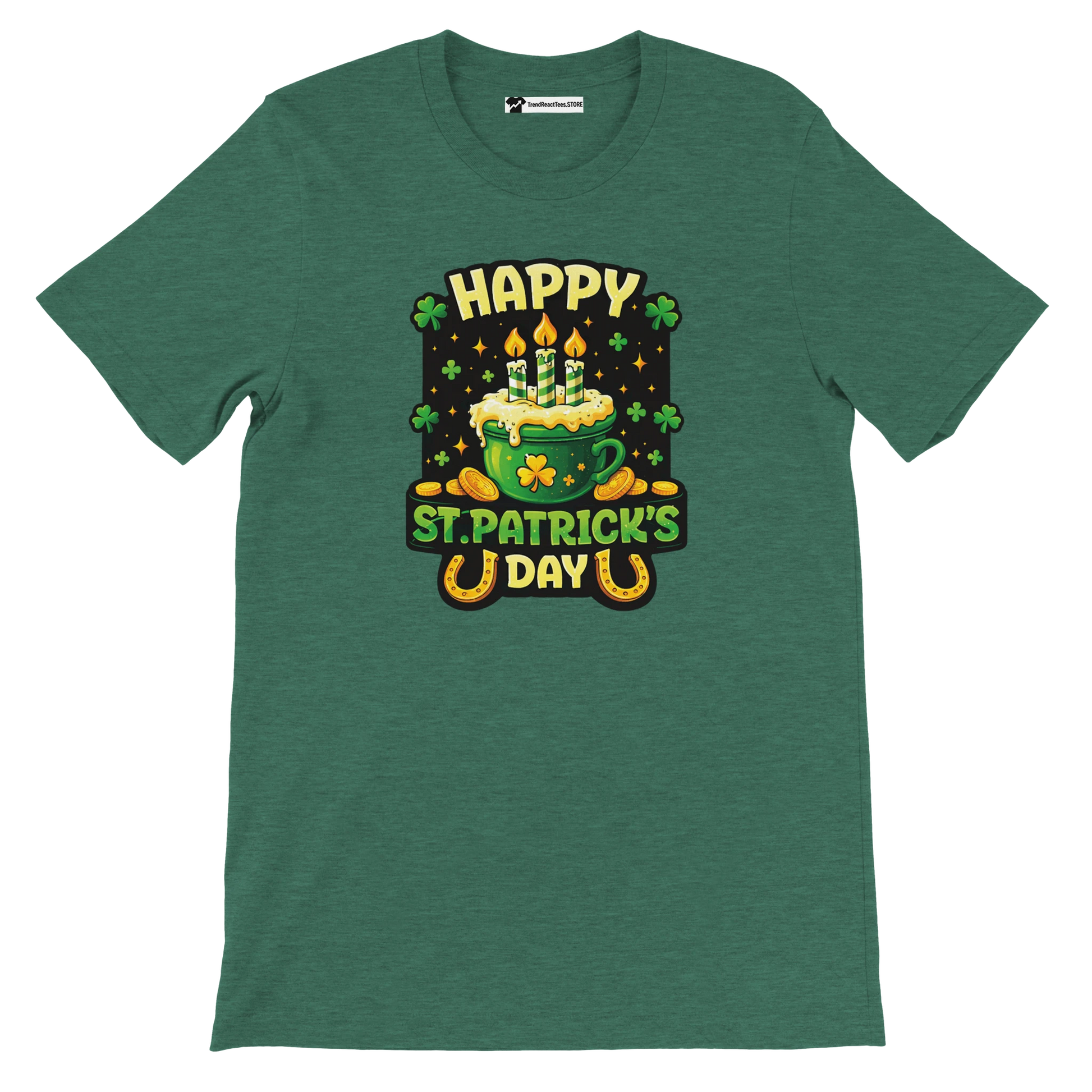 Happy St. Patrick's Day tee with green mug cake, shamrocks, coins, and horseshoes on dark green shirt