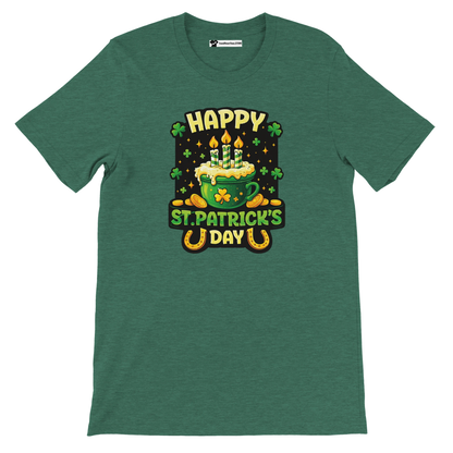 Happy St. Patrick's Day tee with green mug cake, shamrocks, coins, and horseshoes on dark green shirt