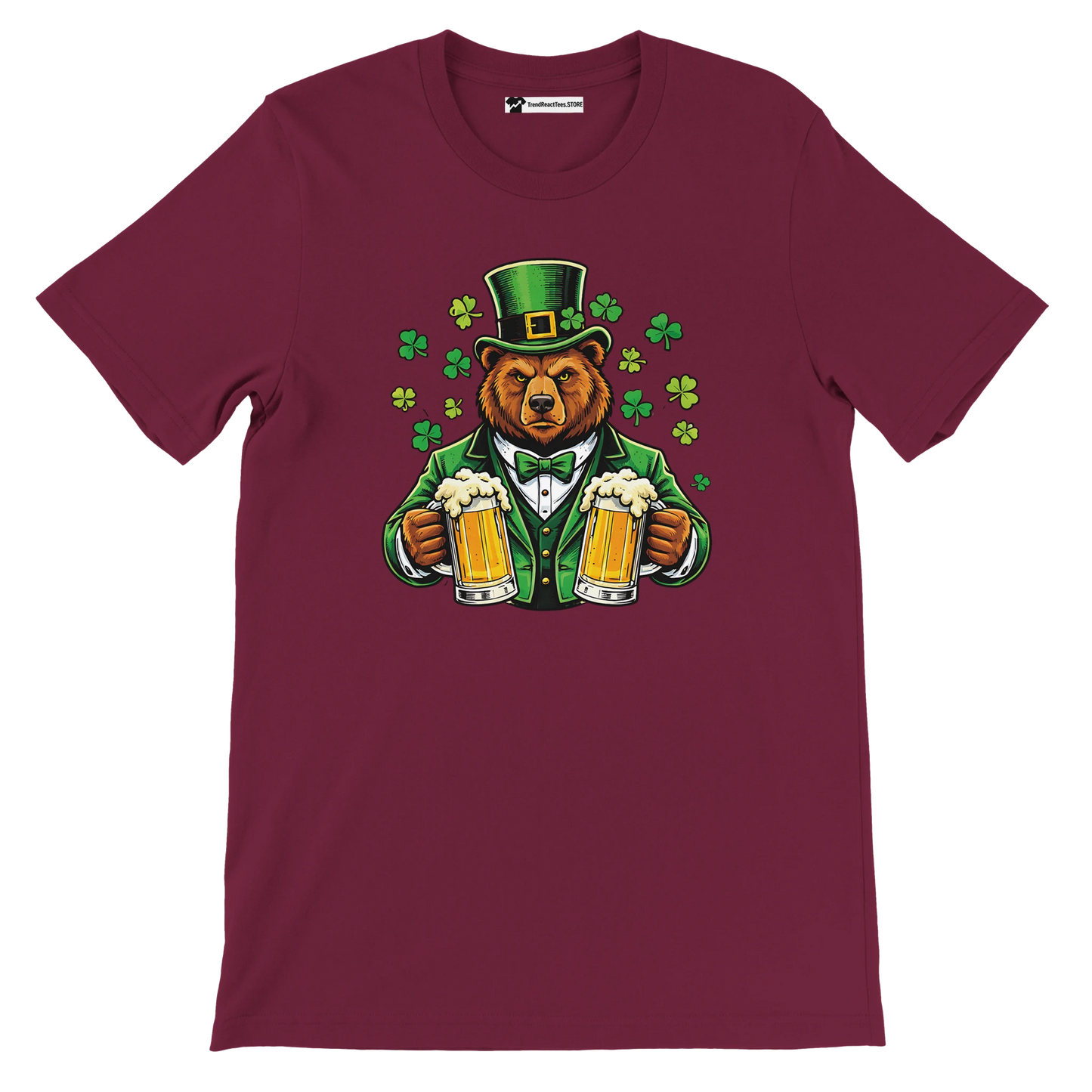 Bear in green suit and top hat holding beer mugs with shamrocks, St. Patrick's Day tee