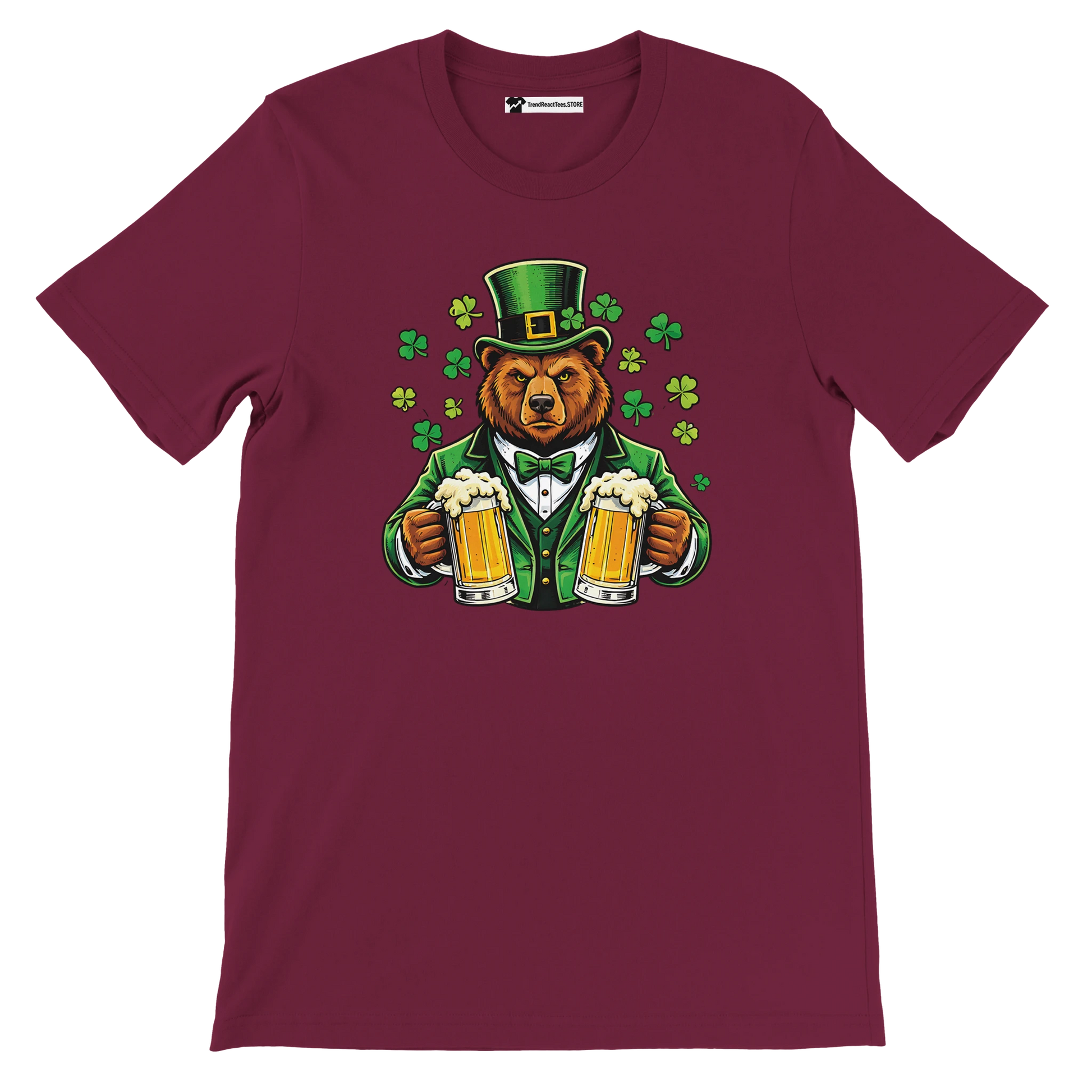 Bear in green suit and top hat holding beer mugs with shamrocks, St. Patrick's Day tee