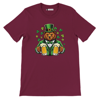 Bear in green suit and top hat holding beer mugs with shamrocks, St. Patrick's Day tee