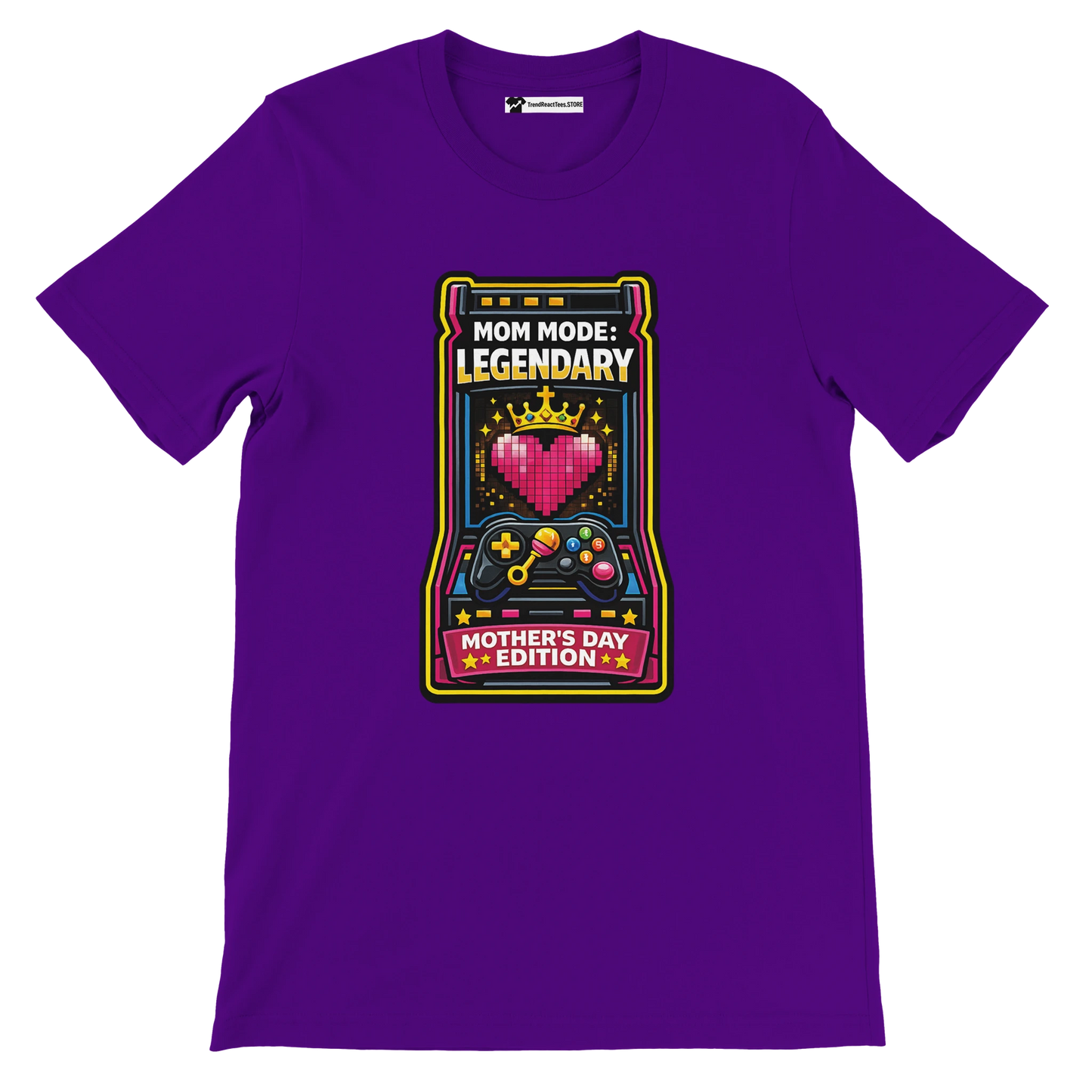 Purple t-shirt featuring a pixel art heart, crown, game controller, and 'Mom Mode: Legendary Mother's Day Edition' text, perfect for Mother's Day gifts.