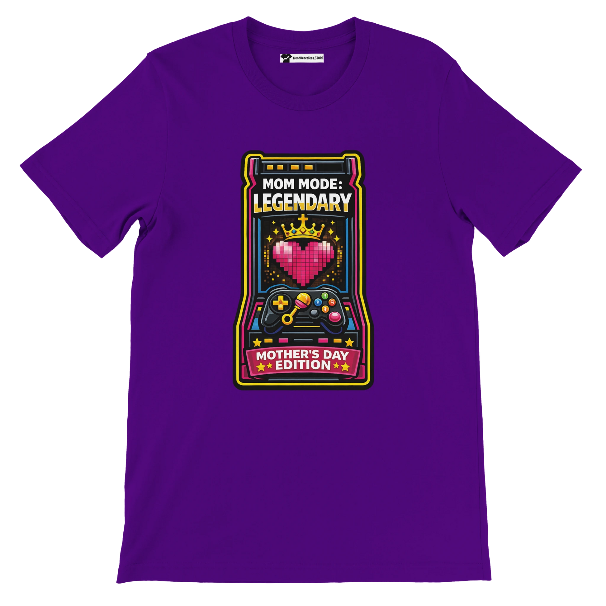 Purple t-shirt featuring a pixel art heart, crown, game controller, and 'Mom Mode: Legendary Mother's Day Edition' text, perfect for Mother's Day gifts.