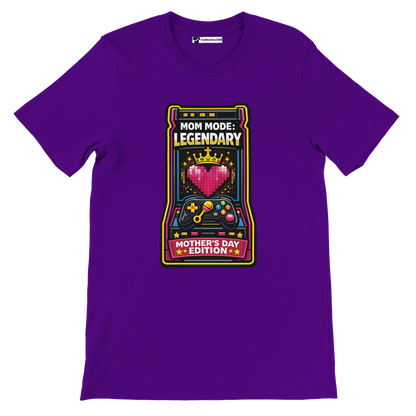 Purple t-shirt featuring a pixel art heart, crown, game controller, and 'Mom Mode: Legendary Mother's Day Edition' text, perfect for Mother's Day gifts.