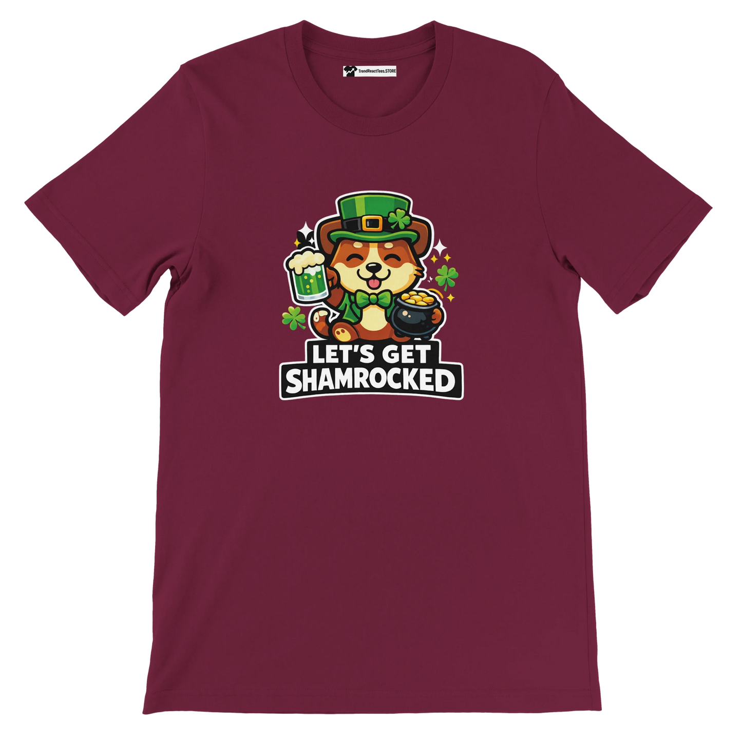 Maroon t-shirt with cute dog in leprechaun hat, holding beer and shamrock, 'Let's Get Shamrocked' text
