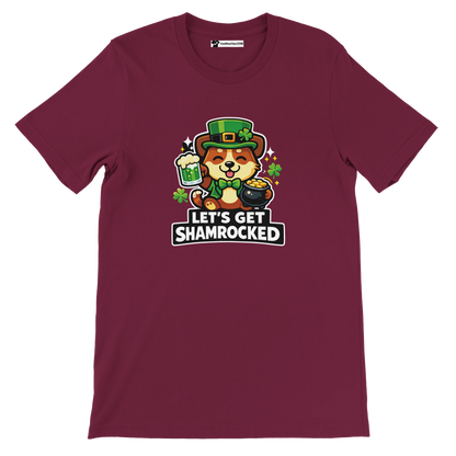Maroon t-shirt with cute dog in leprechaun hat, holding beer and shamrock, 'Let's Get Shamrocked' text