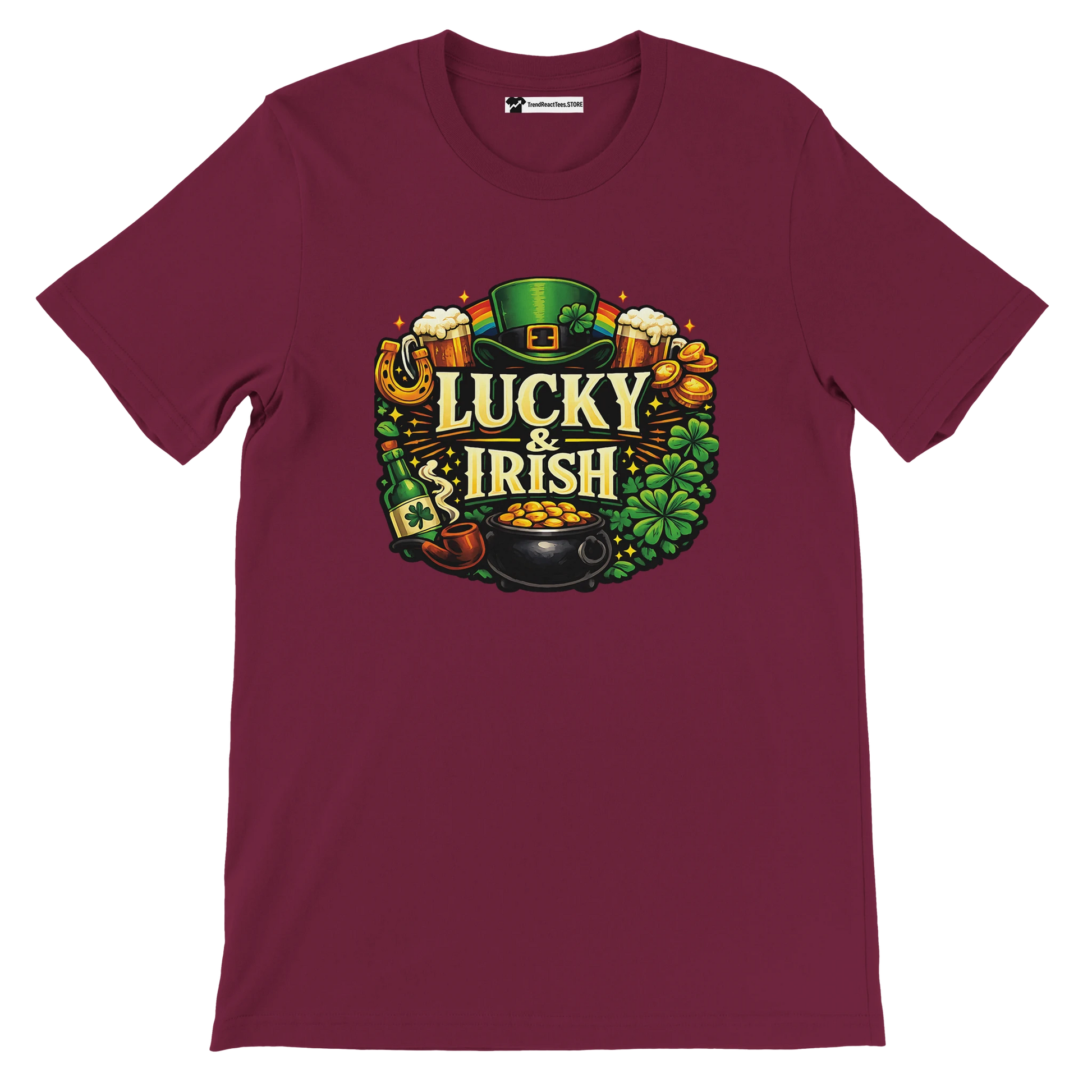 Maroon tee with 'Lucky & Irish' graphic, leprechaun hat, clovers, gold coins, and beer mugs.