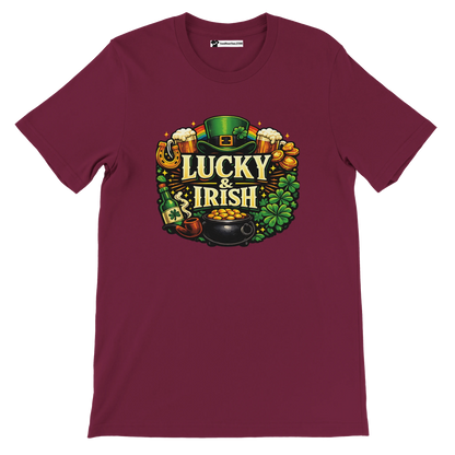 Maroon tee with 'Lucky & Irish' graphic, leprechaun hat, clovers, gold coins, and beer mugs.