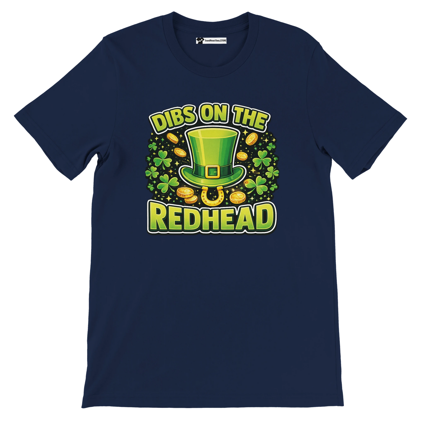 Navy t-shirt with green leprechaun hat, shamrocks, gold coins, and 'Dibs on the Redhead' text