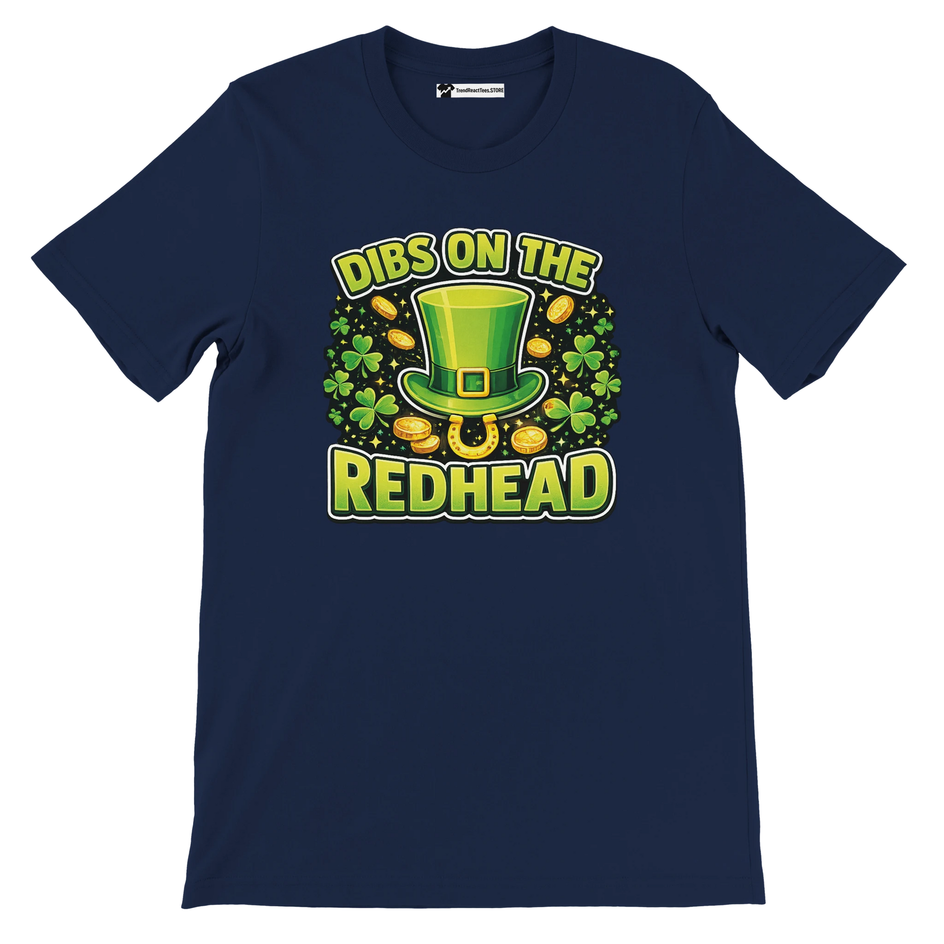 Navy t-shirt with green leprechaun hat, shamrocks, gold coins, and 'Dibs on the Redhead' text