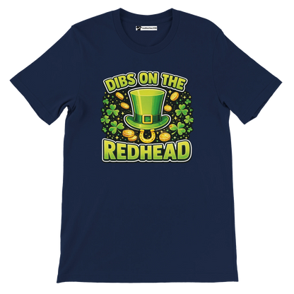 Navy t-shirt with green leprechaun hat, shamrocks, gold coins, and 'Dibs on the Redhead' text