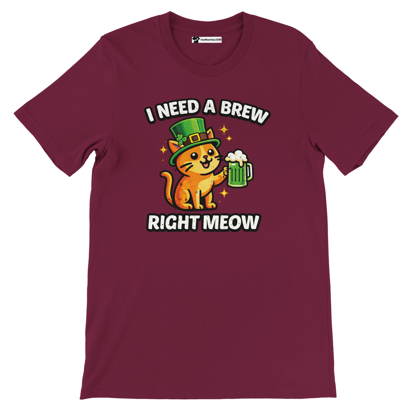 Burgundy t-shirt with cute cat in leprechaun hat holding beer, St. Patrick's Day quote