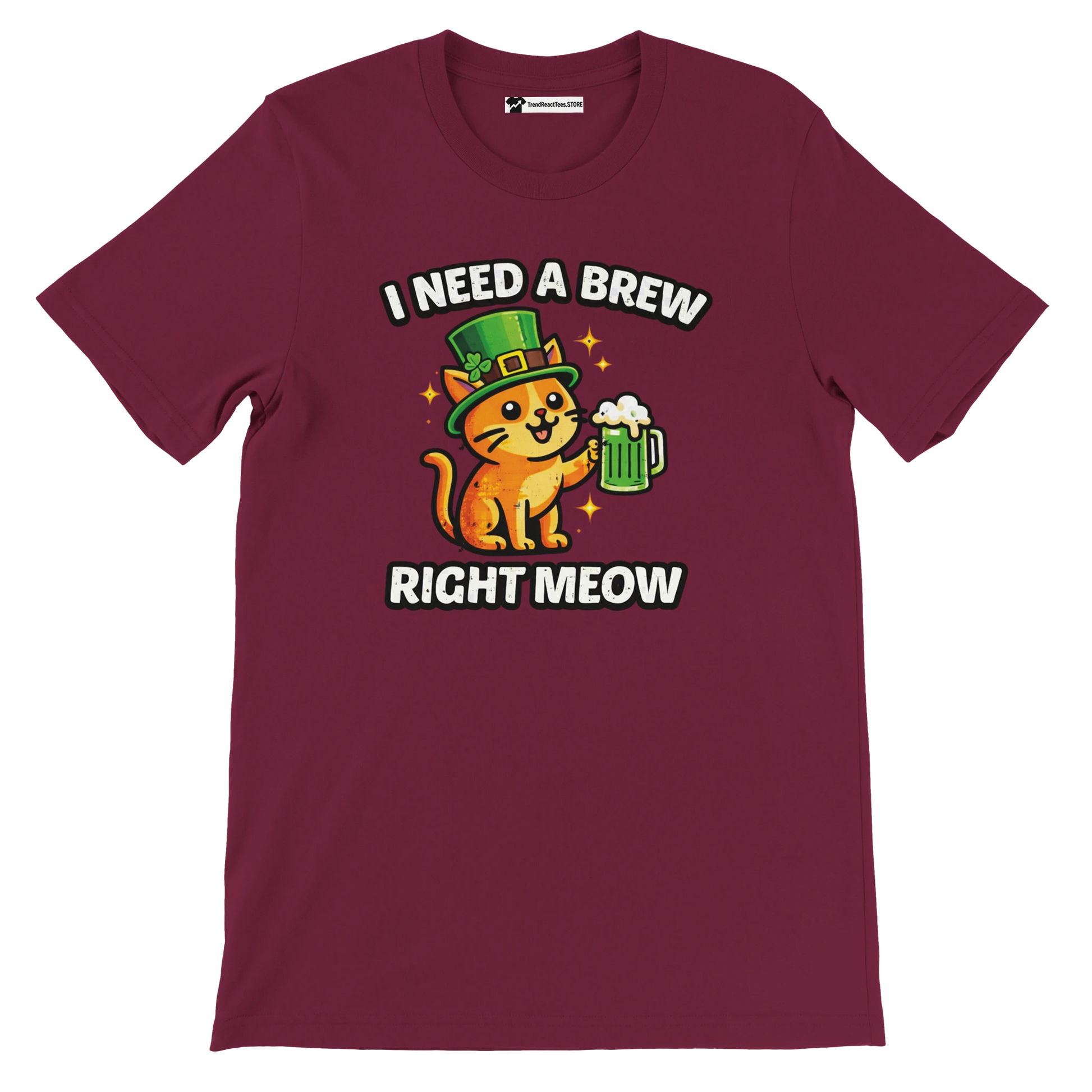 Burgundy t-shirt with cute cat in leprechaun hat holding beer, St. Patrick's Day quote