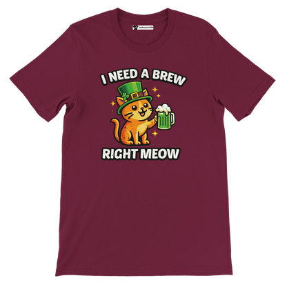 Burgundy t-shirt with cute cat in leprechaun hat holding beer, St. Patrick's Day quote