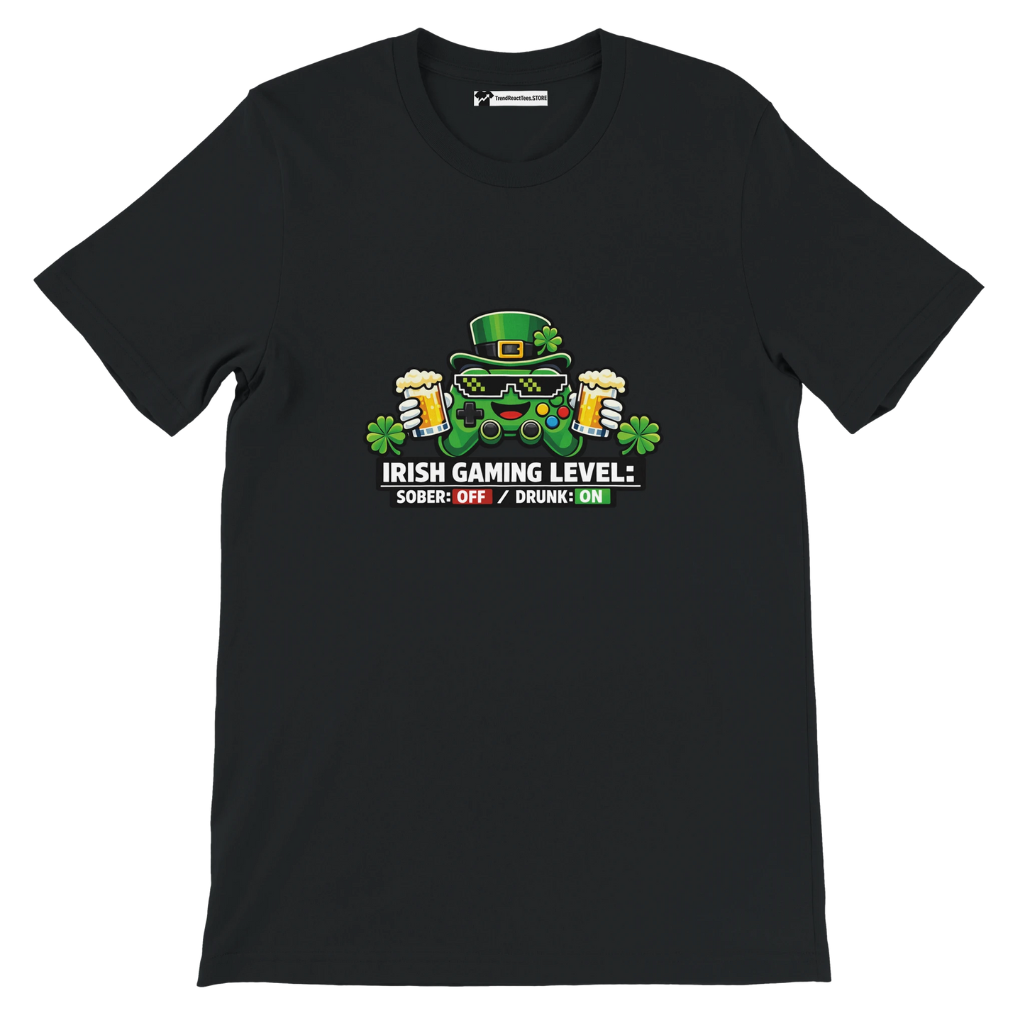 Irish Gaming Level Tee with Controller, Beer, and Shamrocks for St. Patrick's Day Fun
