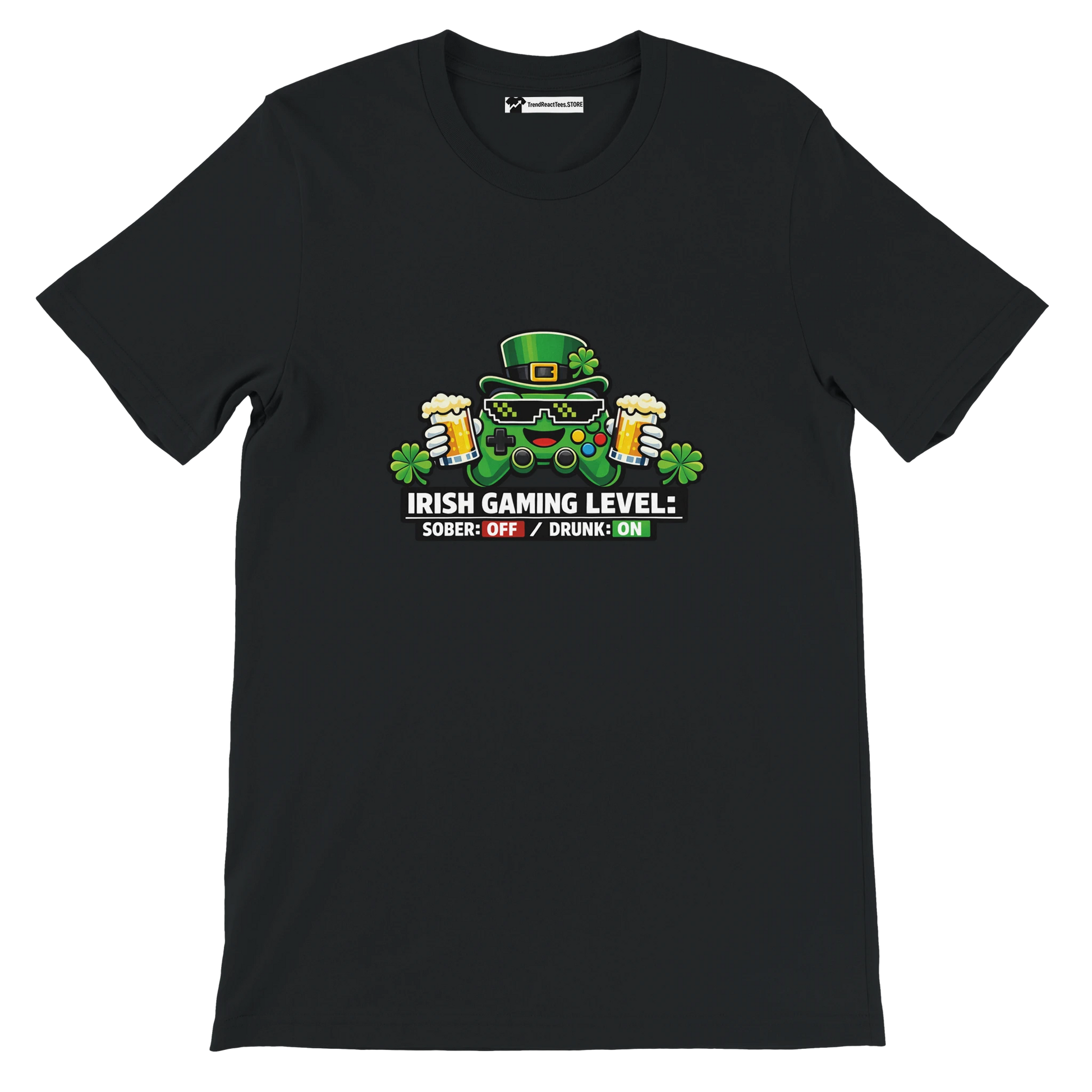 Irish Gaming Level Tee with Controller, Beer, and Shamrocks for St. Patrick's Day Fun