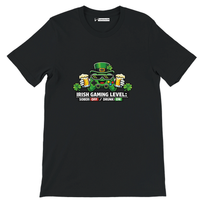 Irish Gaming Level Tee with Controller, Beer, and Shamrocks for St. Patrick's Day Fun