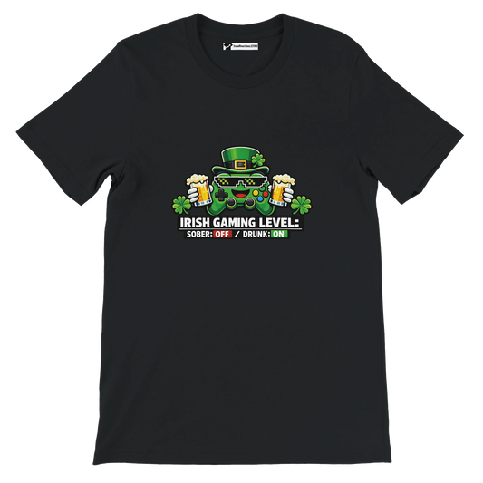 Irish Gaming Level Tee with Controller, Beer, and Shamrocks for St. Patrick's Day Fun