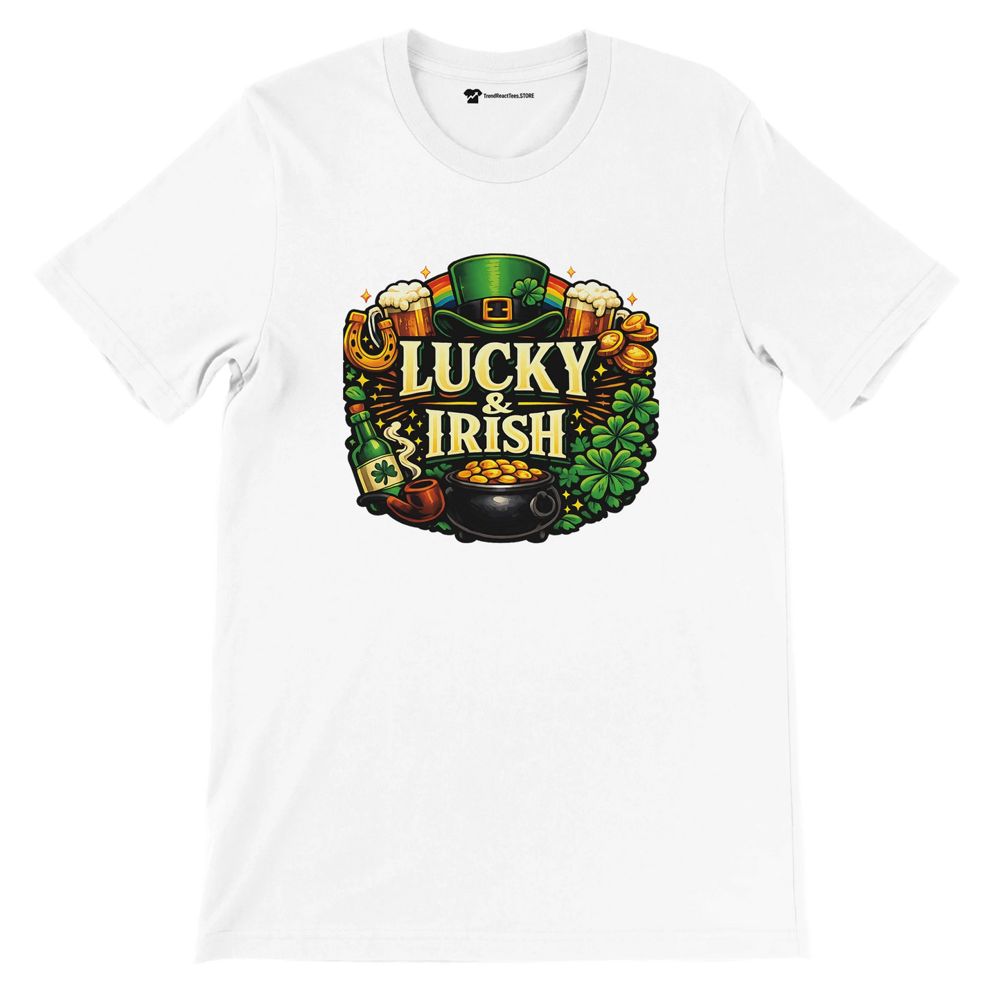 White t-shirt with 'Lucky & Irish' graphic, featuring leprechaun hat, clovers, gold coins, and beer.