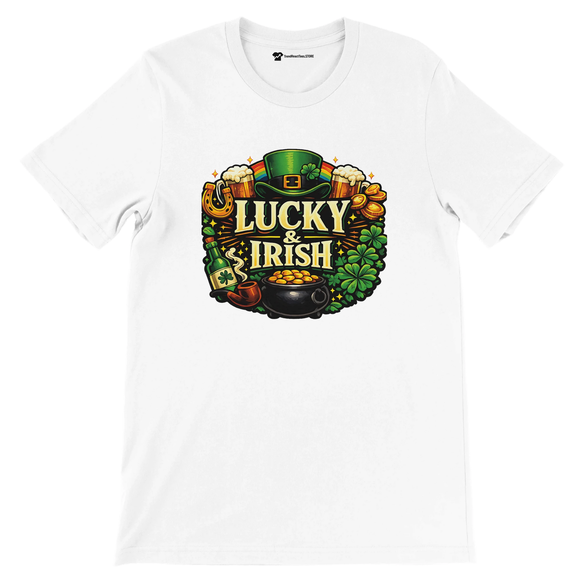 White t-shirt with 'Lucky & Irish' graphic, featuring leprechaun hat, clovers, gold coins, and beer.