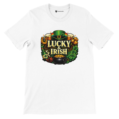 White t-shirt with 'Lucky & Irish' graphic, featuring leprechaun hat, clovers, gold coins, and beer.