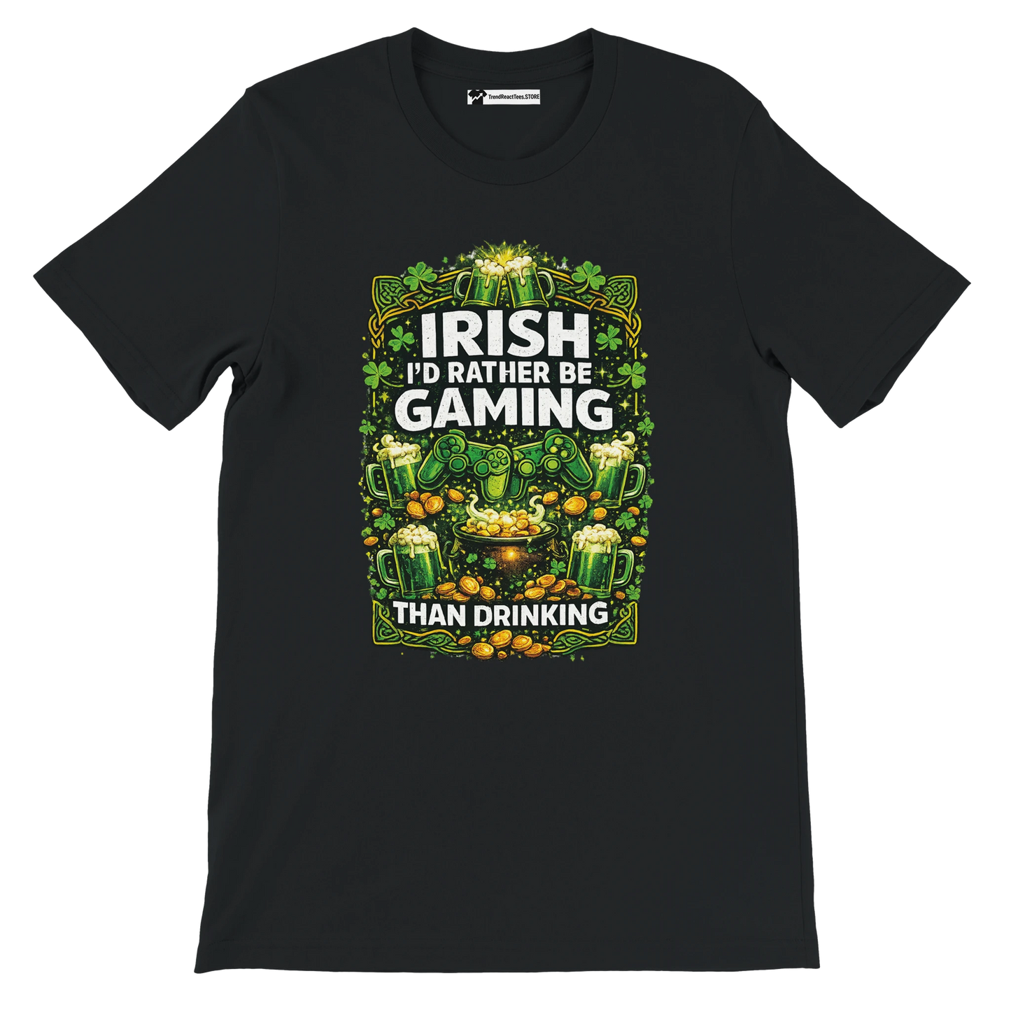 Black Irish gaming tee with shamrocks, beer mugs, gold coins, and controllers, perfect for St. Patrick's Day.