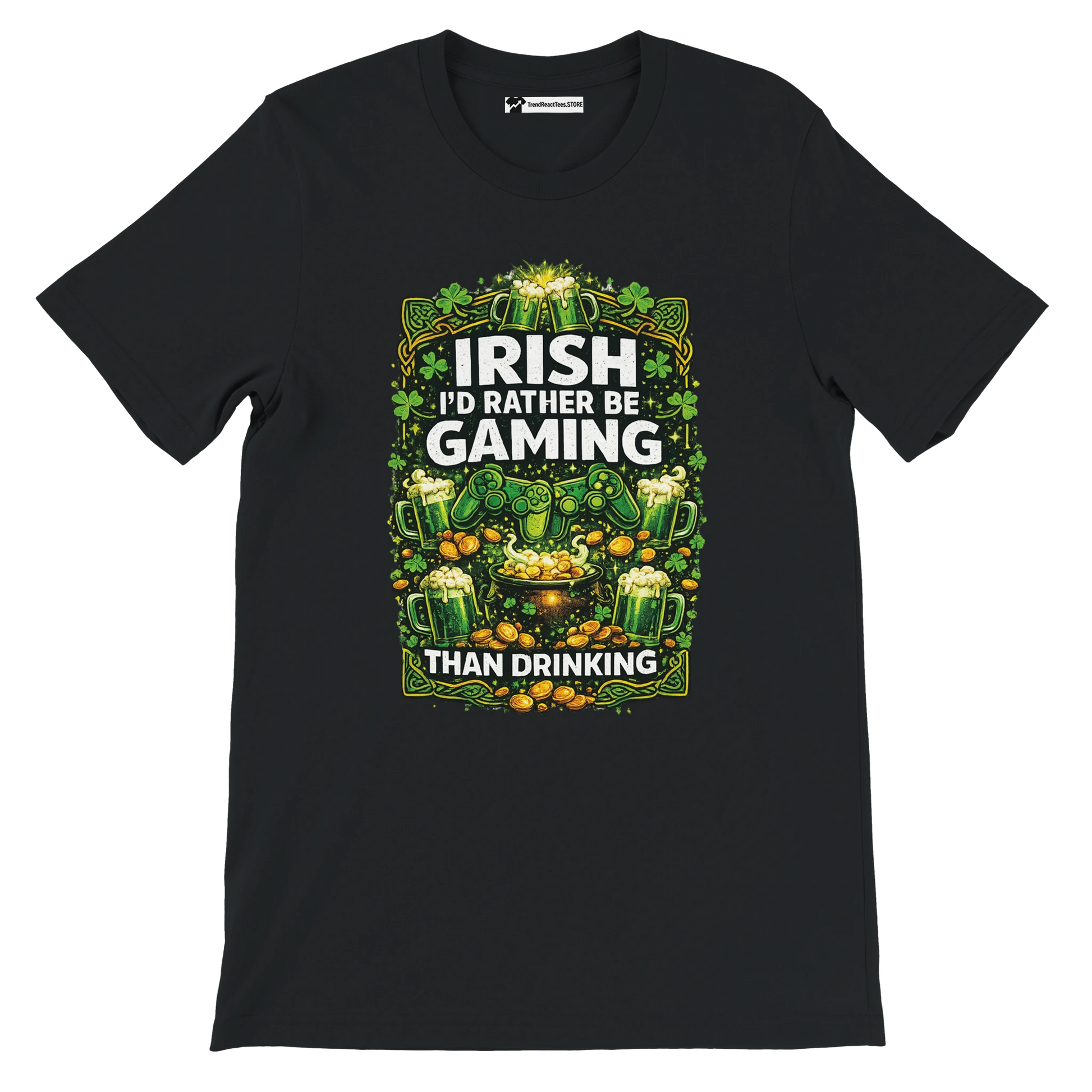 Black Irish gaming tee with shamrocks, beer mugs, gold coins, and controllers, perfect for St. Patrick's Day.