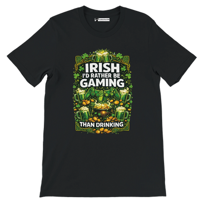 Black Irish gaming tee with shamrocks, beer mugs, gold coins, and controllers, perfect for St. Patrick's Day.
