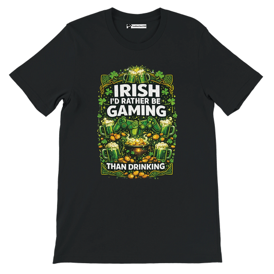 Black Irish gaming tee with shamrocks, beer mugs, gold coins, and controllers, perfect for St. Patrick's Day.